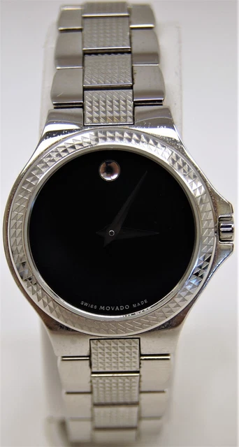 Ladies MOVADO 09 3 14 1027 Black Dial All Stainless Steel Quartz Watch w/ Box