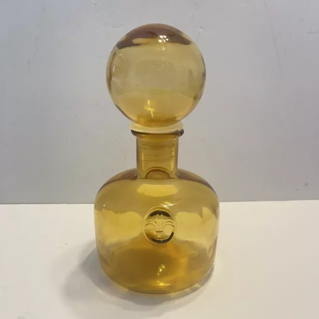 Vintage Mid Century Hand Blown Amber Glass Pinched Bottle & Stopper Decanter