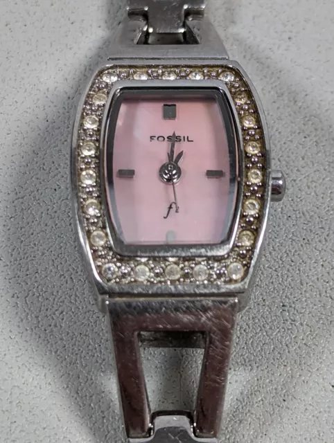 Fossil Pink Dial Crystal Accent Silver Tone Case Link Bracelet Band Watch 6.5 In