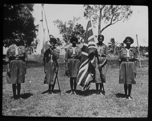 Glass Magic Lantern Slide GIRL GUIDES YARRABAH C1930 PHOTO AUSTRALIA ABORIGINE