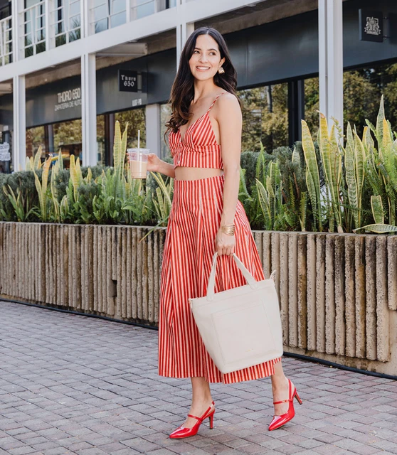 ZARA RED White Striped Crop Top Matching Skirt Co Ord Set Size