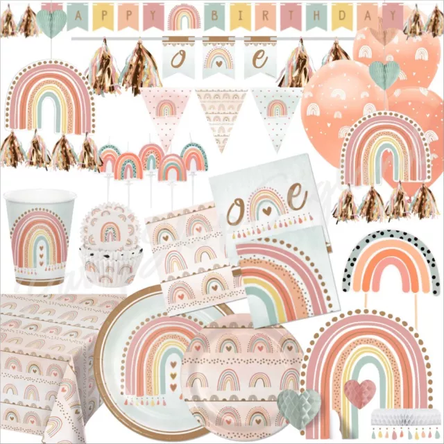 Boho Rainbow Birthday Party Decoration Balloons Tableware Cake Topper Supplies