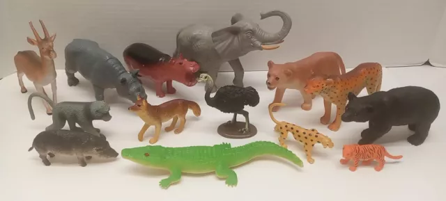 Lot of 14 Safari /Zoo Plastic Wild Animals Figures Elephant, Hippo Baboon Etc.