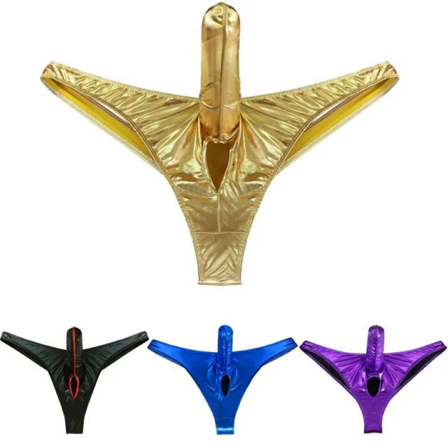 SEXY MEN LONG Pouch Ball Hole Thong Patent Leather Bikini Lingerie Underwear  $8.36 - PicClick