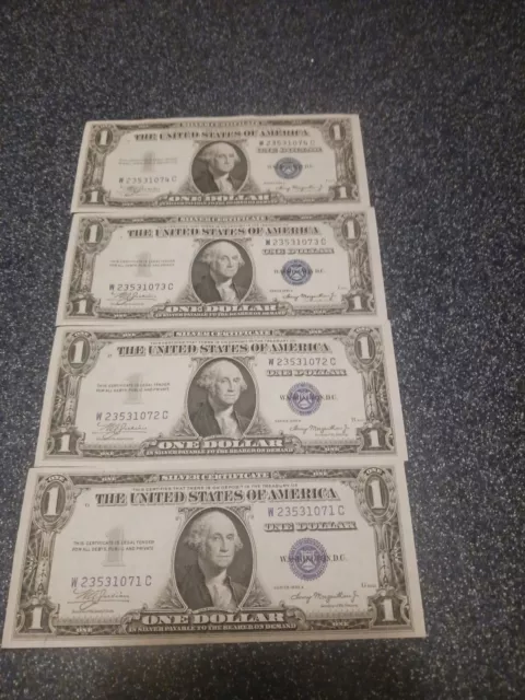 Lot of 4 Consecutive 1935  One Dollar Silver Certificate Notes uncirculated