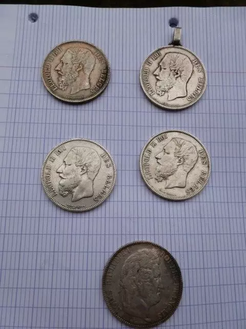 lot 5 Pièces De Monnaie En Argent Belge 5 francs Léopold II et Louis Philippe lot 5 Pièces De Monnaie En Argent Belge 5 francs Léopold II et Louis Philippe