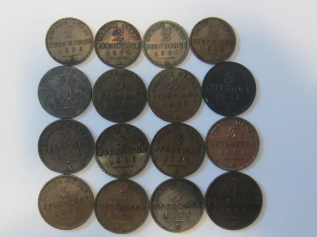 German States (Prussia) sixteen 2, 3, & 4 Pfennig Coins