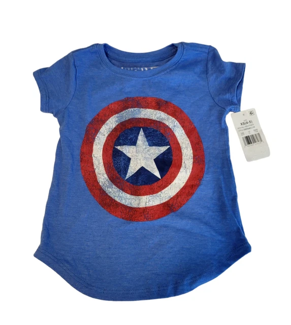 Marvel Boys/Girls Blue with Captain Marvel's Shield Logo Tee Shirt Size XS 4/5