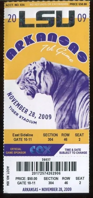 College Football Ticket LSU Tigers - 2009 - 11/28 - Arkansas - Patrick Peterson