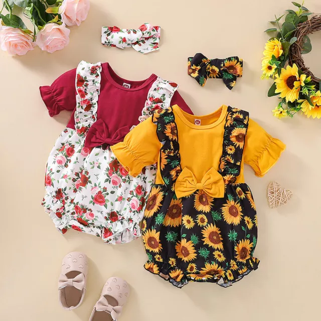 Toddler Baby Girls Floral Outfit Short Sleeve Ruffle Romper Tops+Shorts+Headband