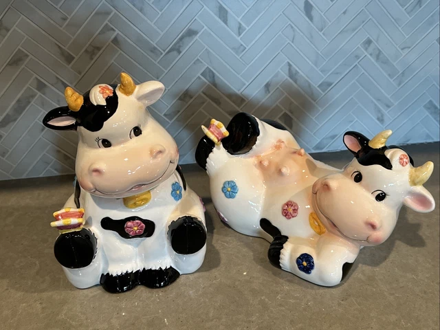 Vintage Ceramic Cows  Black and White With Colorful Flowers (2pcs)