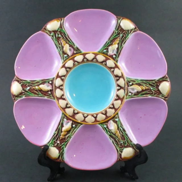 LAVENDER - 6 well MINTON Seaweed & Shells OYSTER PLATE - antique MAJOLICA c.1870