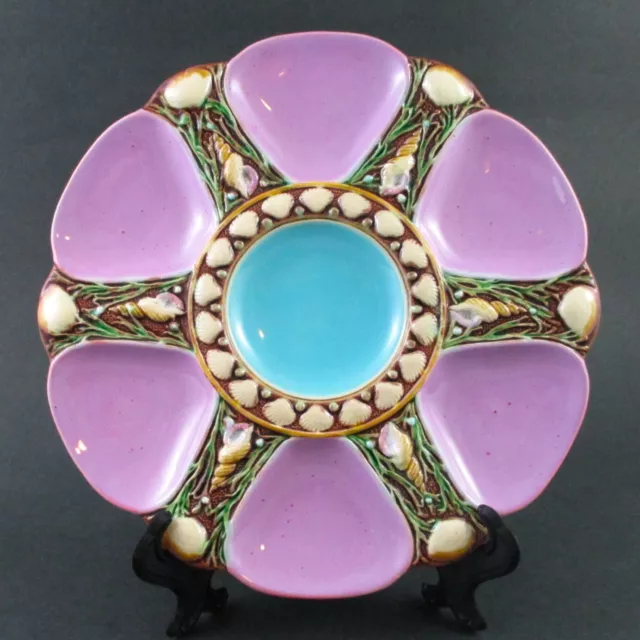 LAVENDER - 6 well MINTON Seaweed & Shells OYSTER PLATE - antique MAJOLICA c.1870 LAVENDER - 6 well MINTON Seaweed & Shells OYSTER PLATE - antique MAJOLICA c.1870