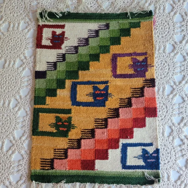 Vintage Hand Woven Wool Mexico? Tapestry Rug Wall Hanging Cats Colorful 11x18"