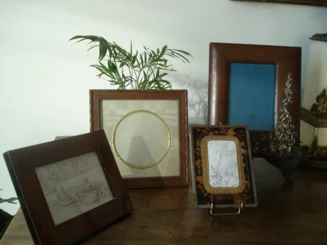 Lot de 4 Porte photo dont 3 anciens XIXe Art Nouveau / Napoléon III verre, bois