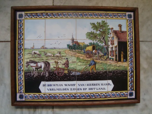 rare delft handpainted tile panel with landscape/farm , around 1880, dutch