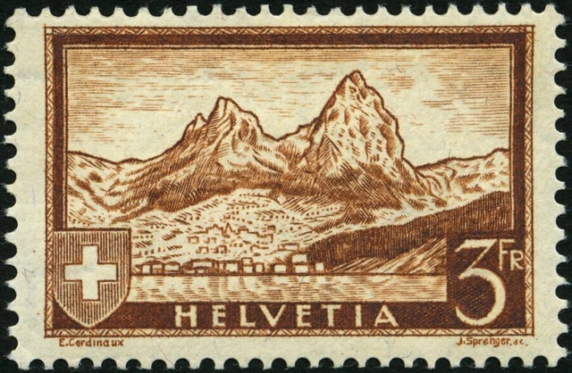 SCHWEIZ BUNDESPOST 1931, 3 Fr. Gebirgslandschaften, kleine Falzreste, Pracht
