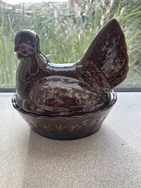 VTG Fosters Pottery Ceramic Chicken & Basket Egg Holder Brown Drip Glaze 8” H