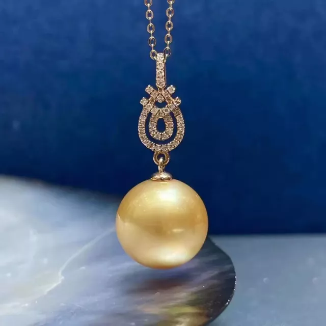 HUGE 13MM SOUTH Sea Genuine Gold Perfect Round Pearl Pendant Necklace ...