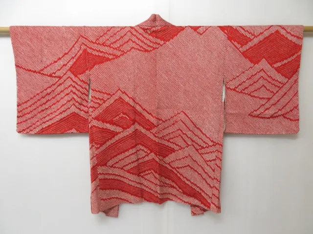 2102T10z480  Japanese Kimono Silk SHIBORI HAORI Wave Dark red