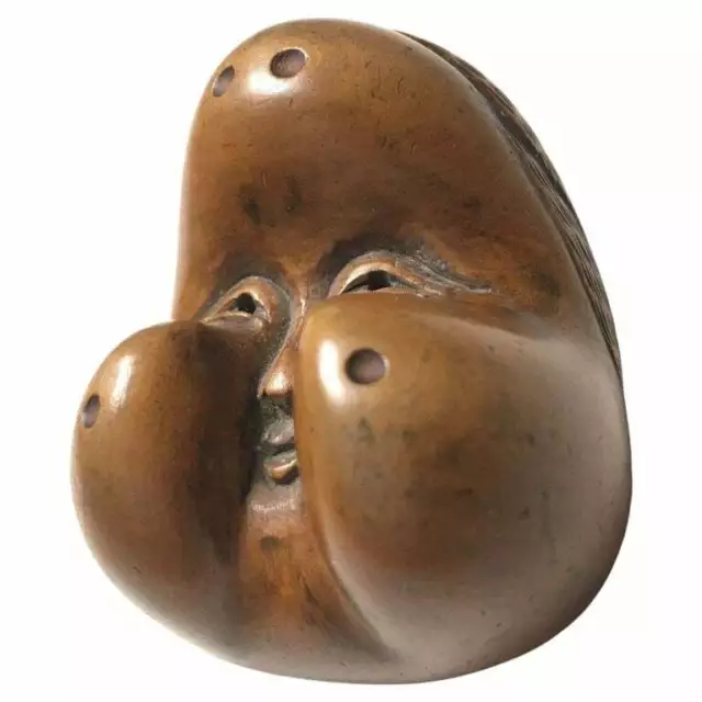 Signed; 19th C., Wooden Japanese Otafuku/Okame Netsuke Mask (Mennetsuke)