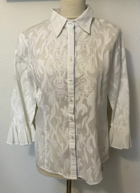 Robert Graham White On White Embroidered Large Button Up Blouse