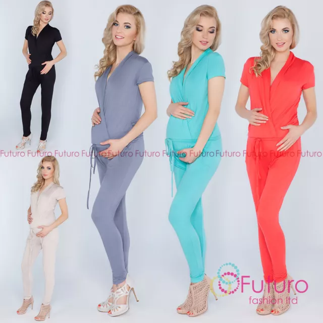 Ladies Maternity Jumpsuit With Pockets V Neck Wrap Playsuit Plus Sizes 8-18 1080