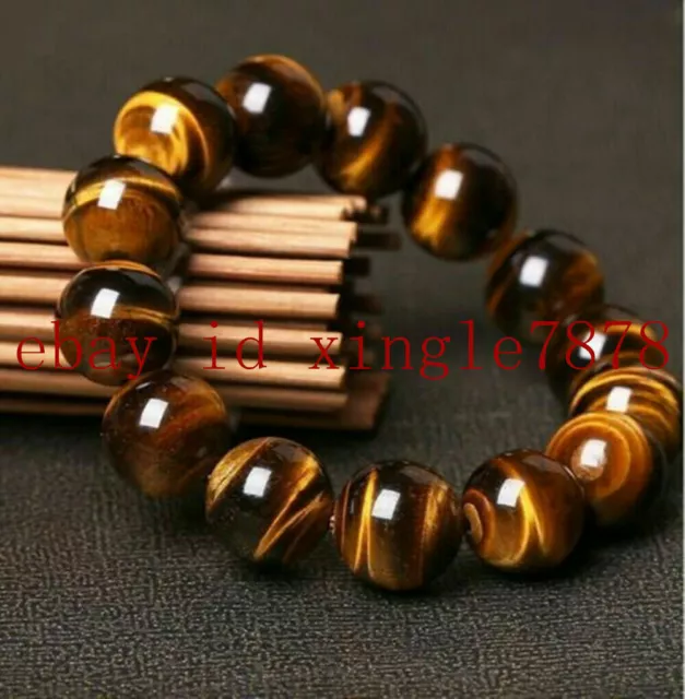 Natural 6/8/10/12/14mm Yellow Tiger's Eye Round Gemstone Stretch Bracelet 7.5''