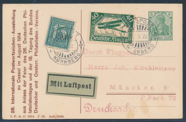 Dt. Reich Privatpostkarte Kassel Luftpost Nürnberg 1922 nach München (9109)