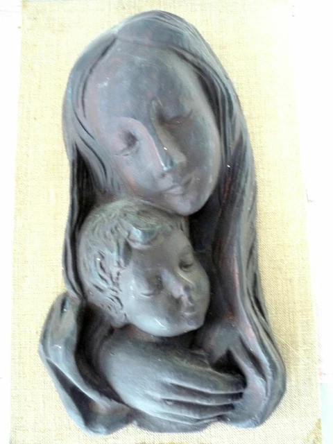 Magnifique Grande Ancienne Vierge Et L'enfant Terre Cuite Decoration