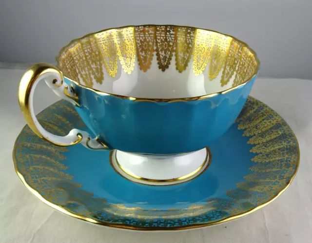 Turquoise Blue Heavy Gold Aynsley Bone China Tea Cup & Saucer Set