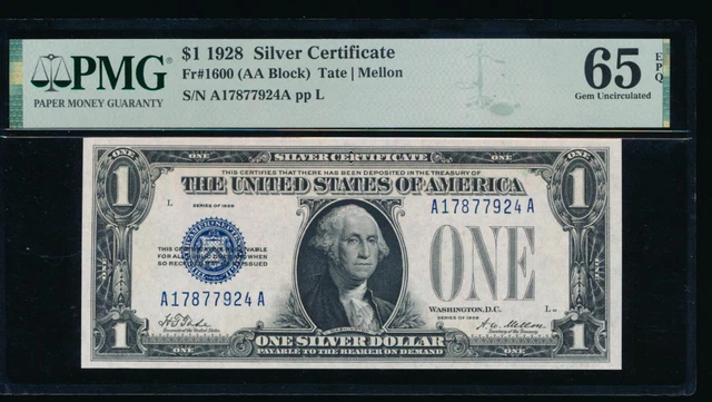 AC 1928 $1 Silver Certificate PMG 65 EPQ A-A block  Fr 1600