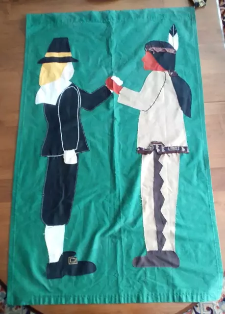 Large Cotton Applique' Thanksgiving Yard Flag with Pilgrim and Indian 53" x 33"