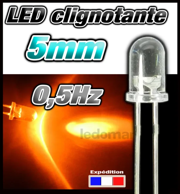 406O# LED 5mm clignotante orange dispo 10, 25, ou 100pcs clignotement lent