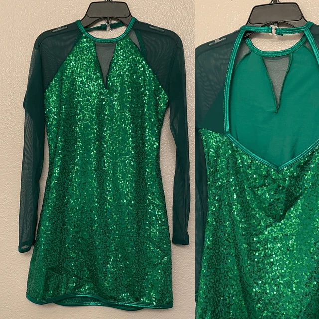 Curtain call dance costume J5293 long sleeve mesh sequin shift dress-ASM adult S
