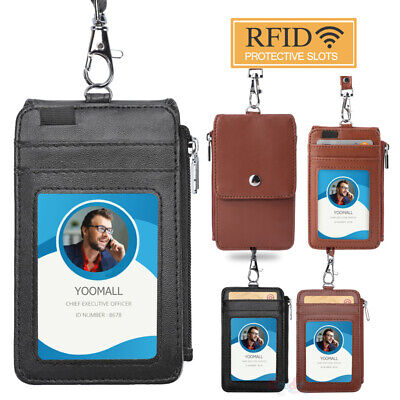 ID Badge Card Holder Pu Leather Vertical Clip Neck Strap Lanyard Case RFID Block