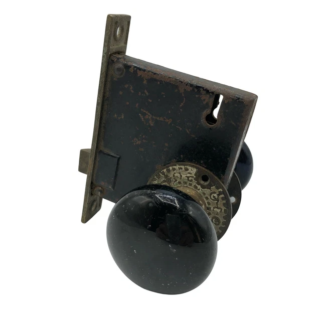 Antique Black Porcelain Door Knobs & Lock Mechanism Vintage Hardware Handle