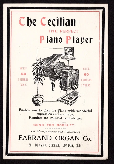 Cecilian Piano Player Farrand Organ Co Michigan & London Victorian Trade Card