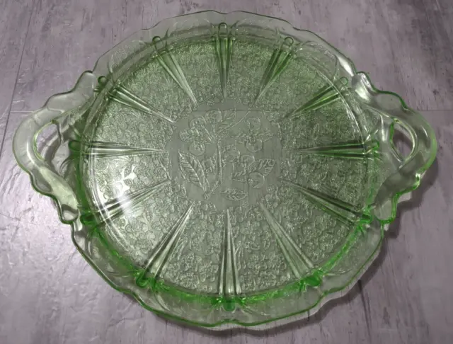 Vintage Jeanette Green Depression Glass Cherry Blossom Serving Platter Tray