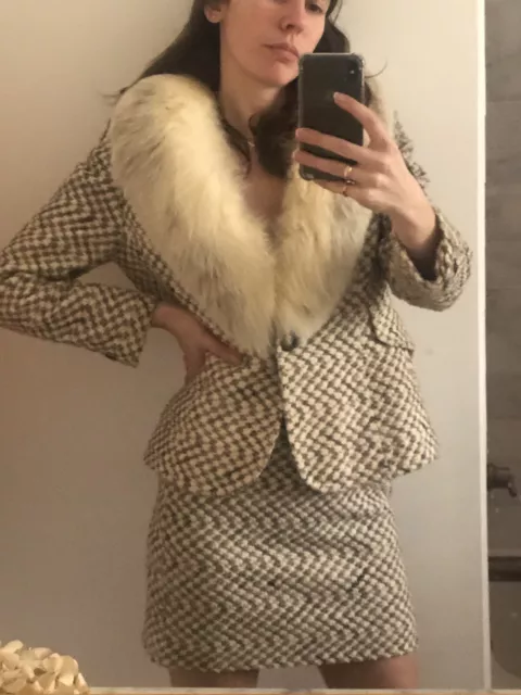 Vintage Lord and Taylor Fur Boucle Skirt Suit Mob Wife Corporate Fetish