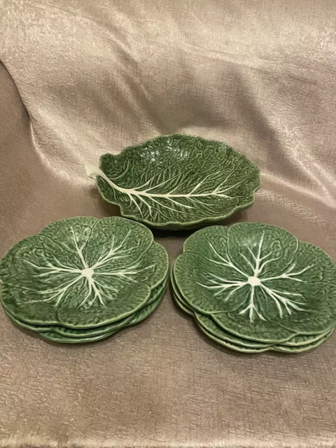 Rare Bordallo Pinheiro Majolica Pottery Cabbage Leaf Plates X 6 & Serving Bowl