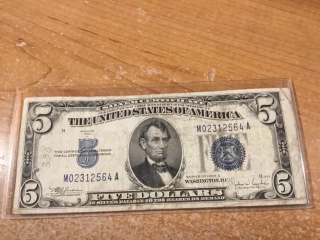 1934-C Misaligned-$5-Silver Bill Certificate Banknote-Blue Seal-2564 A