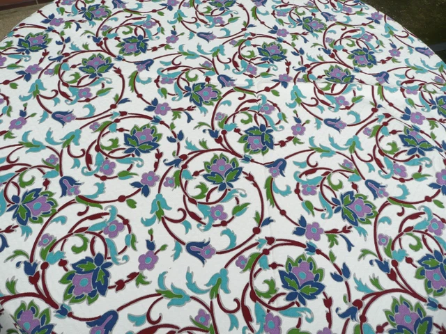 Grand Coupon Tissu Fleuri Vintage Années 70 - 140x63 Cm, Coton/polyester, Bleu