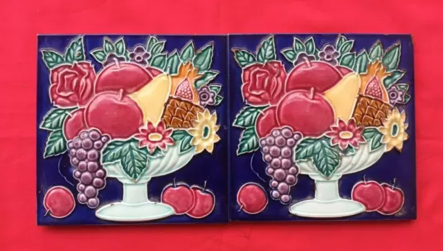 2 Piece Old Art Deco Fruits Design Embossed Majolica Ceramic Tiles Japan 0149