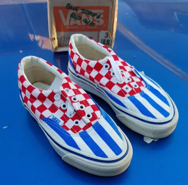 VANS #95  '80s Skateboard Shoes Vintage Trainers USA 3 Blue Stripe /Red Check