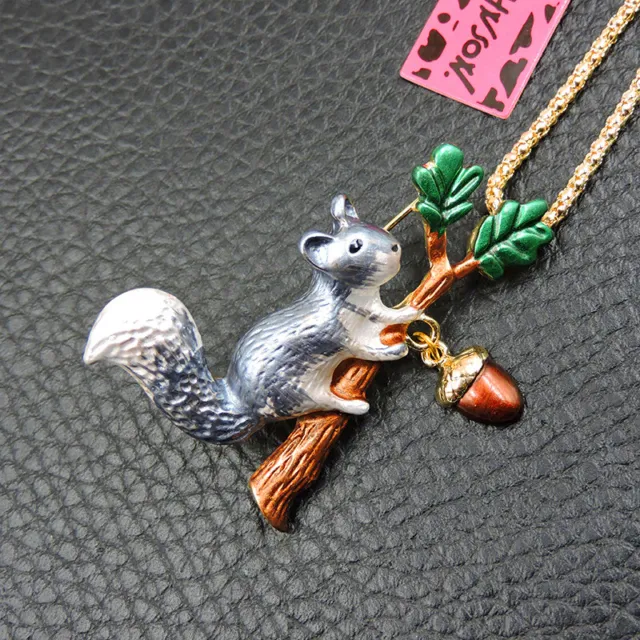 Blue Enamel Cute Animal Squirrel Betsey Johnson Pendant Necklace Chain/Brooch