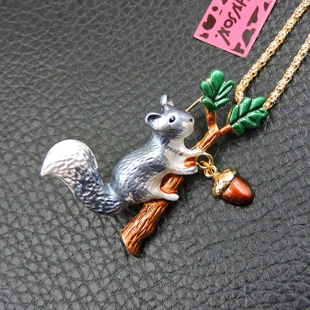 Blue Enamel Cute Animal Squirrel Betsey Johnson Pendant Necklace Chain/Brooch