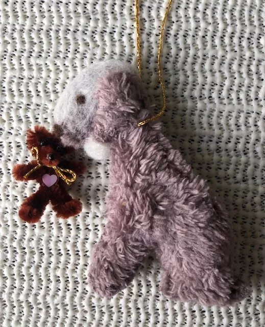 LIVER BEDLINGTON TERRIER- holding TEDDY BEAR - PART NEEDLE FELTED DOG