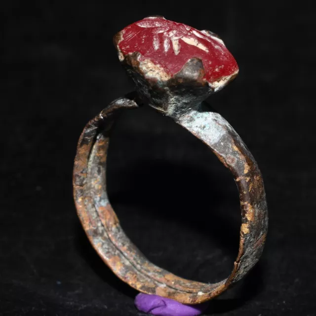 Genuine Ancient Roman Bronze Ring with Crystal Intaglio Circa 1st Century AD