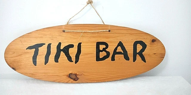 TIKI BAR Hanging Wood Sign Oval Wall Decoration Jute Rope 6"X16" Hawaiian Aloha